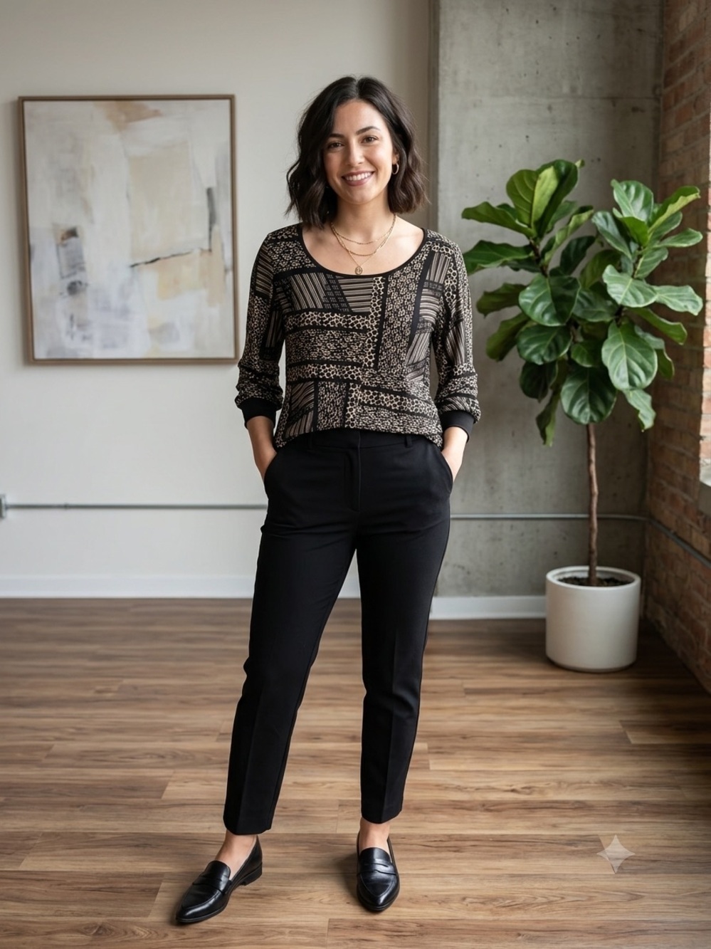 Liz & Co. Black Cream Geometric Print 3/4 Sleeve Top